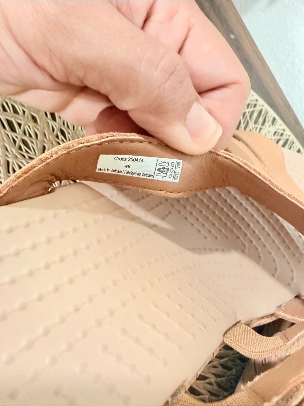 Crocs A- Leigh Tan Leather Wedge Slide Sandals Women Size 8 Cork Detail Comfort